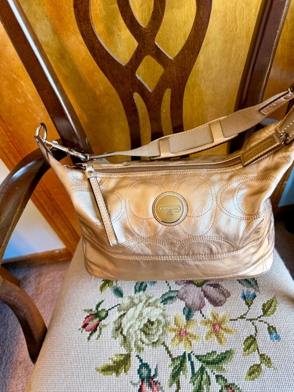 Coach signature gold metallic shoulder bag purse.